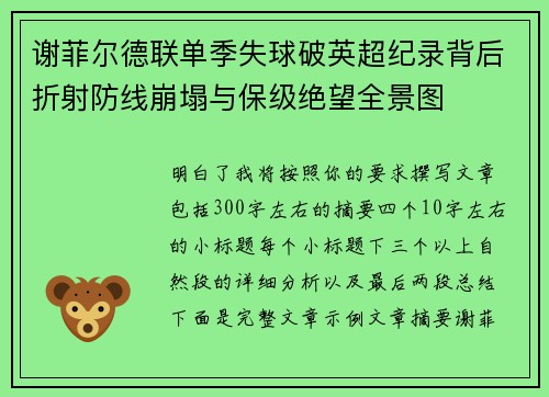 谢菲尔德联单季失球破英超纪录背后折射防线崩塌与保级绝望全景图 谢菲尔德联单季失球破英超纪录背后折射防线崩塌与保级绝望全景图